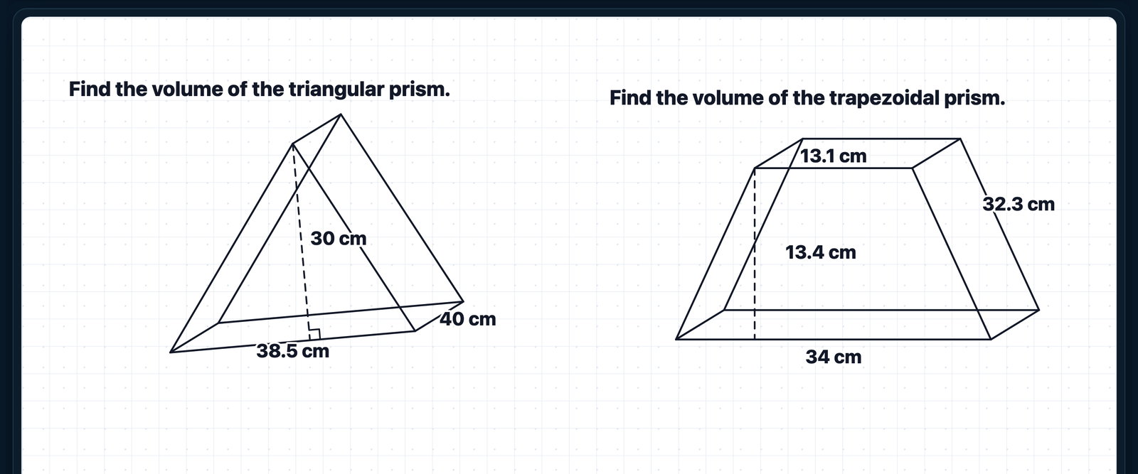 Triangular and trapezoidal prism volume questions displayed on the LearningRoom whiteboard